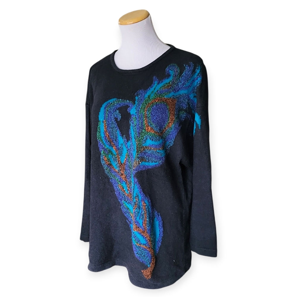 VINTAGE Silk Angora Sweater with Colourful Metallic Feather Design